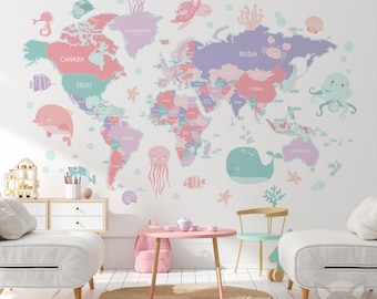 Pink World Map Wall Decal for Kids, Educational Map for Girls Room, Nursery Wall Sticker, Geography Learning Decor, Map Vinyl Wall Art