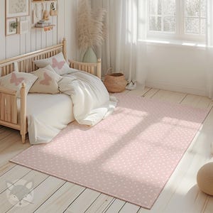 Zartrosa gepunkteter Kinderzimmerteppich – gemütlicher Kinderzimmerteppich – Baby-Mädchenzimmer-Dekoration – waschbarer Teppich – Kleinkind-Spielzimmer-Bodenmatte, RUGREC007