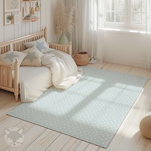 Hellblauer gepunkteter Kinderzimmerteppich, Babyzimmerdekoration für Jungen, waschbarer Kinderteppich, weiche Spielmatte für Kleinkinder, gemütlicher Bodenteppich für das Kinderzimmer, RUGREC008