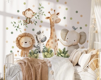 Neutral Safari Wall Decals, Beige Jungle Animal Stickers, Watercolor Baby Decor lion, giraffe, monkey, and elephant, Safari Neutral Nursery