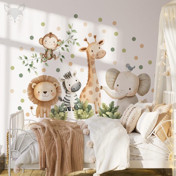 Neutral Safari Wall Decals, Beige Jungle Animal Stickers, Watercolor Baby Decor lion, giraffe, monkey, and elephant, Safari Neutral Nursery