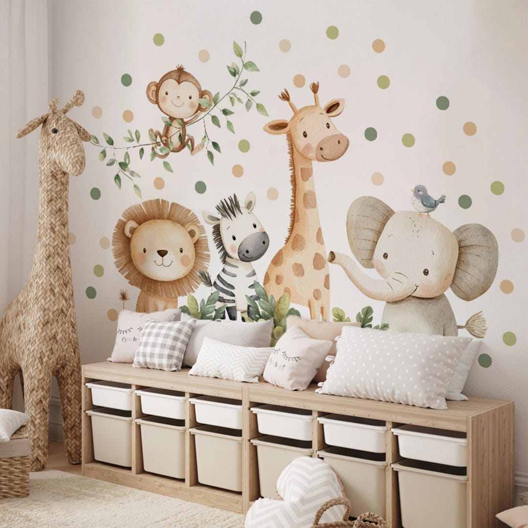 Safari Animal Wall Decal, Jungle Nursery Sticker, Watercolor Zoo Mural ...