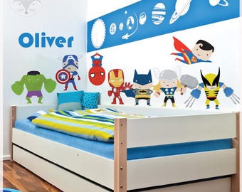 Superhero Wall Decal Set, Kids Room Decor, Hero Theme Stickers, Boys Room Wall Art, Superhero Growth Chart, Chalkboard Decal, Door Name Sign