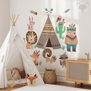 Boho Tribal Wall Decal, Woodland Animal Mural, Teepee Nursery Decor, Brown Fox Bear Lion Squirrel, Adventure Kids Room Sticker