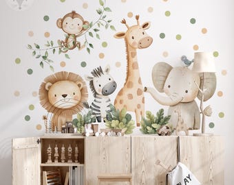 May include: A nursery wall decal set featuring a giraffe, zebra, lion, elephant, and monkey. The animals are illustrated in a watercolor style with a light brown, beige, and green color palette. The decals are perfect for adding a whimsical touch to a child's room.