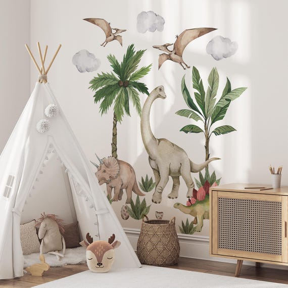 Watercolor Dinosaur Wall Decals - Large Removable Vinyl Stickers For Kids Room, Nursery, Playroom (2 Sheets, 47x47 Inch Total)