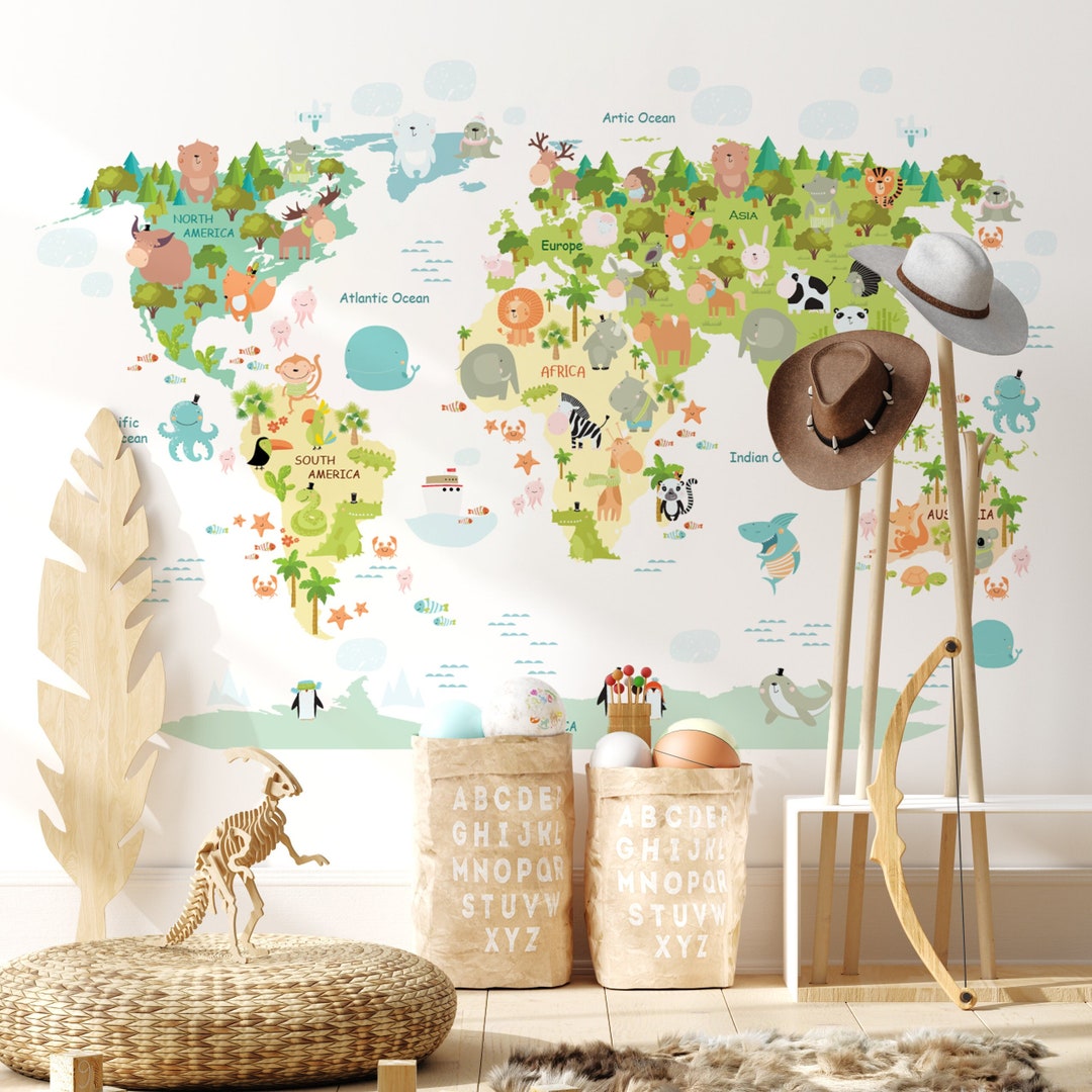 Animal World Map, World Map Wall Sticker, World Map Children, World Map ...