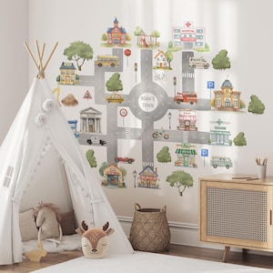 Interaktiver Stadtplan-Wandaufkleber für Kinder, Montessori-inspirierter Spielzimmeraufkleber, pädagogisches Straßenstadt-Vinyl-Wandbild mit individuellem Namen
