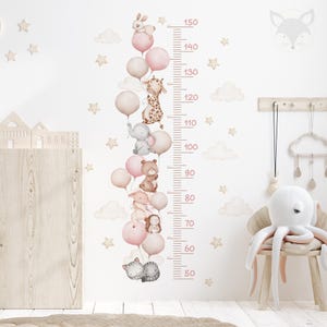 Tiere Kinder Messlatte mit Luftballons, Safari Tiere und rosa Luftballons, Wachstumstabelle Kinderzimmer Wandtattoo Baby Mädchen Zimmer Dekor