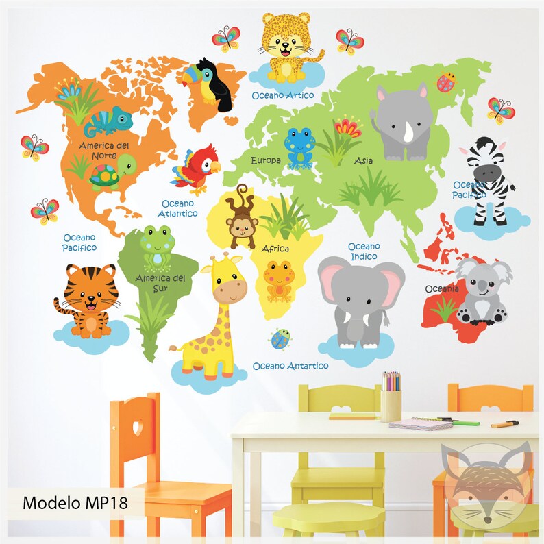 World Map With Countries Nursery World Map World Map Wall Etsy