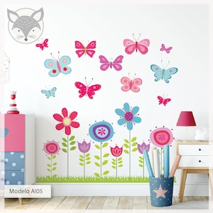 Butterfly and Flowers Wall Decal, Kids Room Decor, Colorful Nursery Vinyl Stickers, Garden-Themed Wall Art, flowers for nursery wall decal