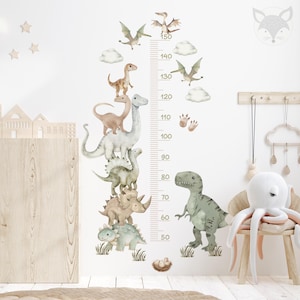 Autocollant mural avec tableau de croissance des dinosaures, règle de hauteur aquarelle pour dinosaures, autocollant pour chambre d'enfant, décoration de chambre d'enfant neutre, peinture murale amovible en vinyle pour dinosaures