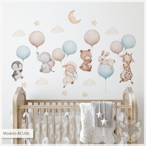 Baby Animals Wall Decal, Floating blue Balloons Nursery Sticker, Baby Room Pastel Wall Art, Cute Animal Vinyl Decal for Kids, nursery