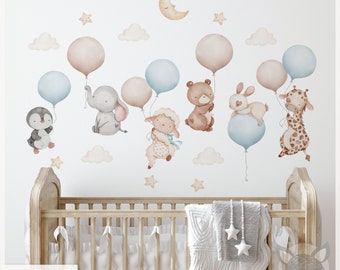 Baby Animals Wall Decal, Floating blue Balloons Nursery Sticker, Baby Room Pastel Wall Art, Cute Animal Vinyl Decal for Kids, nursery