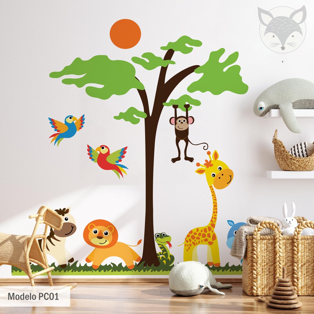 Colorful Jungle Animals Wall Decal - Kids Room Tree and Safari Vinyl ...