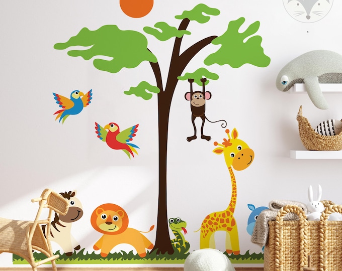 Colorful Jungle Animals Wall Decal - Kids Room Tree and Safari Vinyl ...