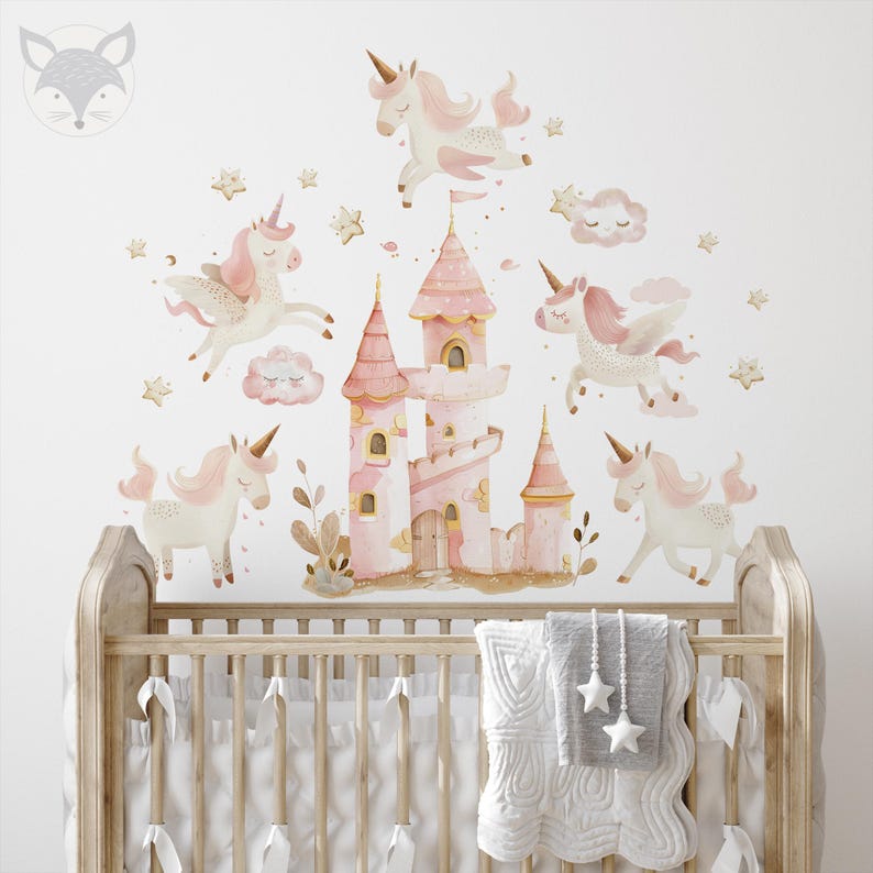 May include: Pink and gold castle with unicorn wall decals for a nursery or child's room. The decals feature a pink castle with gold accents, a unicorn with a pink mane and tail, and stars.