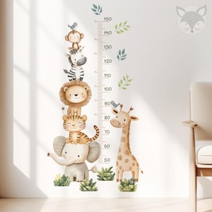 May include: A colorful growth chart featuring a giraffe, elephant, tiger, lion, zebra, and monkey. The chart is printed on a white background and includes numbers from 50 to 150.