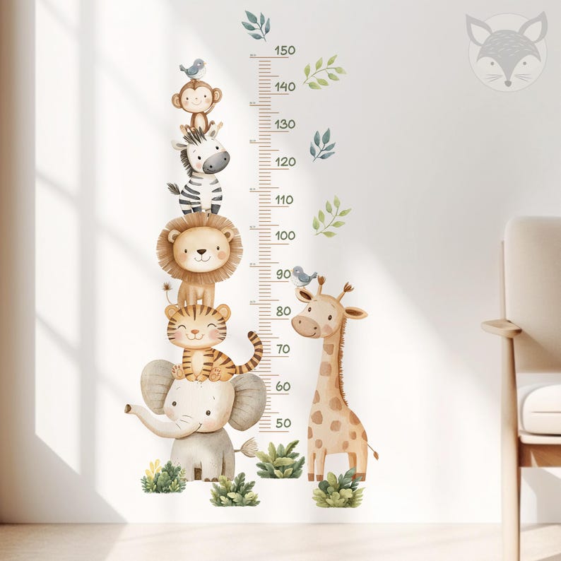 May include: A colorful growth chart featuring a giraffe, elephant, tiger, lion, zebra, and monkey. The chart is printed on a white background and includes numbers from 50 to 150.