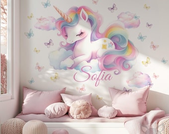 Unicorn Wall Decal with Custom Name – Watercolor Pastel Rainbow, Clouds & Butterflies, Removable Matte Vinyl, Nursery Baby Room Decor