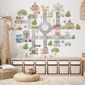 Wandtattoo Stadtplan mit Aquarell-Motiv für Kinder, Wandtattoo Stadtplan mit Namen, Wandtattoo Stadtplan mit Straßen und Gebäuden fürs Babyzimmer