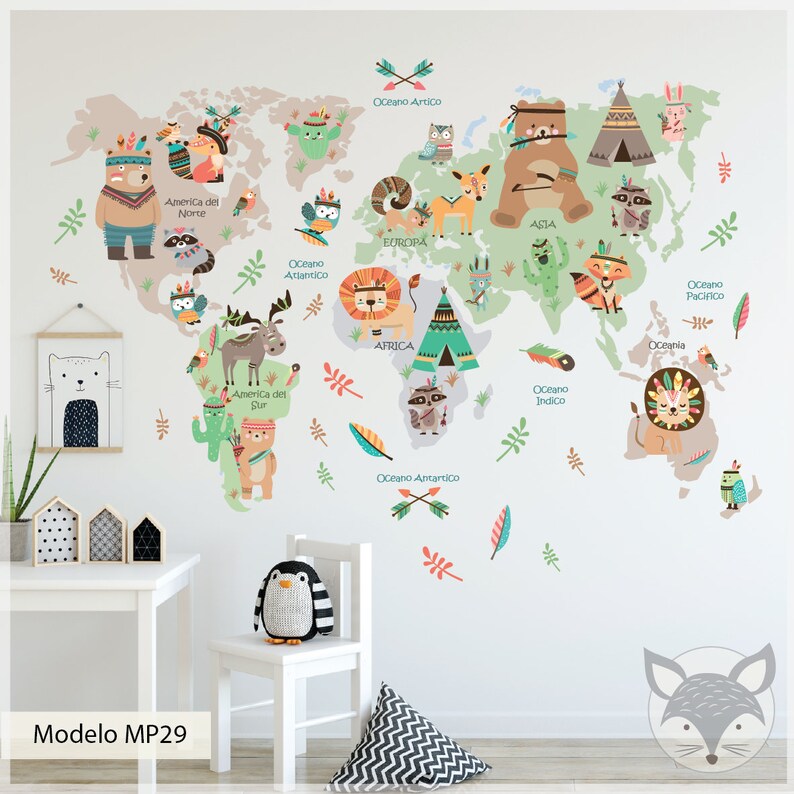 World Map Wall Sticker Nursery World Map Educational Decal Etsy