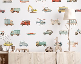 Kids Transportation Wall Decals, 25 Cute Vehicle Stickers for Nursery, Planes, Cars, Boats, and Trucks Wall Decor for Boys Room, acu19