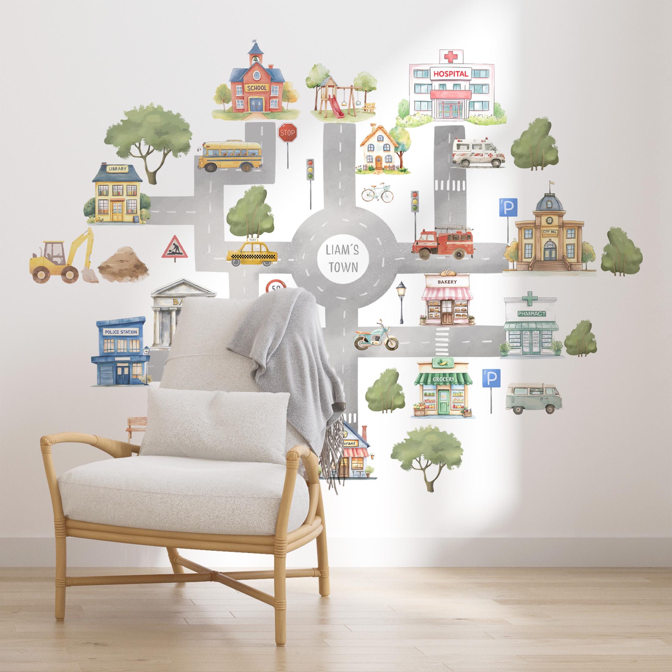 Custom Watercolor City Wall Decal for Kids, Personalized Name Town Map ...