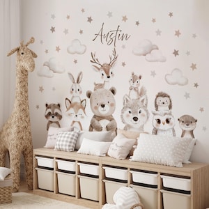 Woodland Animal Wall Decal with Name, Watercolor Nursery Mural, Personalized Forest Wall Art, Baby Room Sticker, Neutral Kids Decor