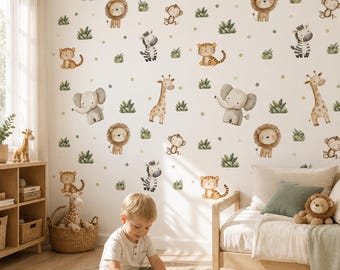 Montessori Playroom Wall Decals, Safari Animal Stickers, Toddler Room Decor with Elephant Giraffe Lion Zebra Tiger Monkey