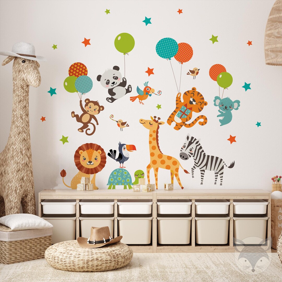 Safari Wall Decal, Jungle Animals Sticker, Kids Room Decor, Balloon ...