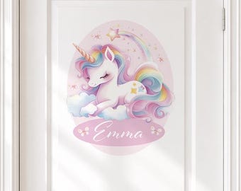 May include: A whimsical unicorn sticker on a white door. The unicorn has a white body, a golden horn, and a flowing mane and tail in rainbow colors. It rests on a cloud with a rainbow and stars above. The name "Emma" is written below.