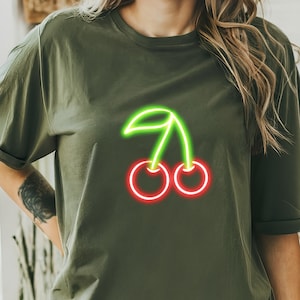 Neon Cherry Shirt, Glow Party T-shirt, Neon Color Party Shirt, Cute Gift For Girlfriend, Neon Light Effect shirt, Neon Glow Borders Shirt
