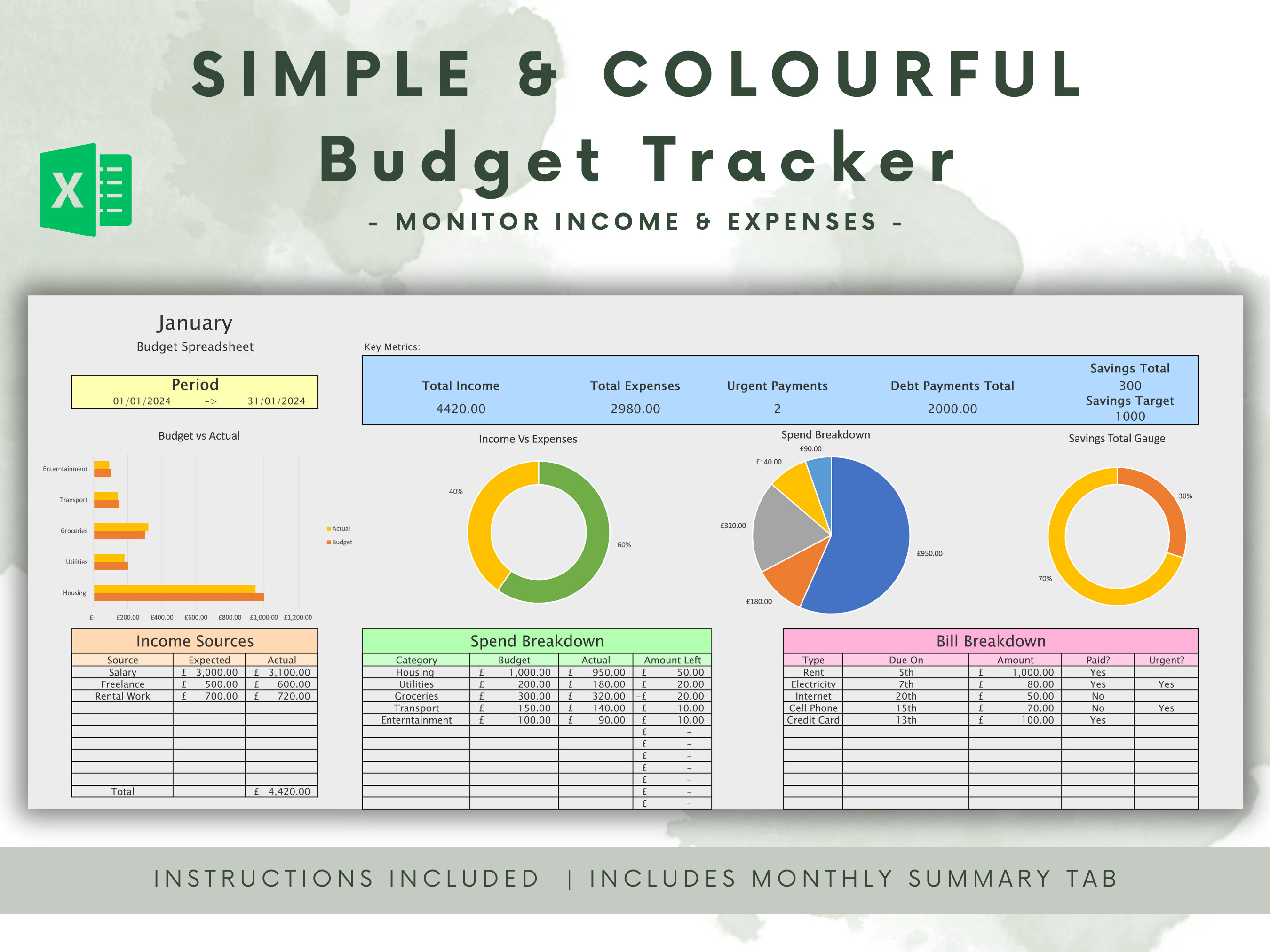 Simple &amp; Colourful Budget Planner Excel Google Sheets Monthly Budget ...