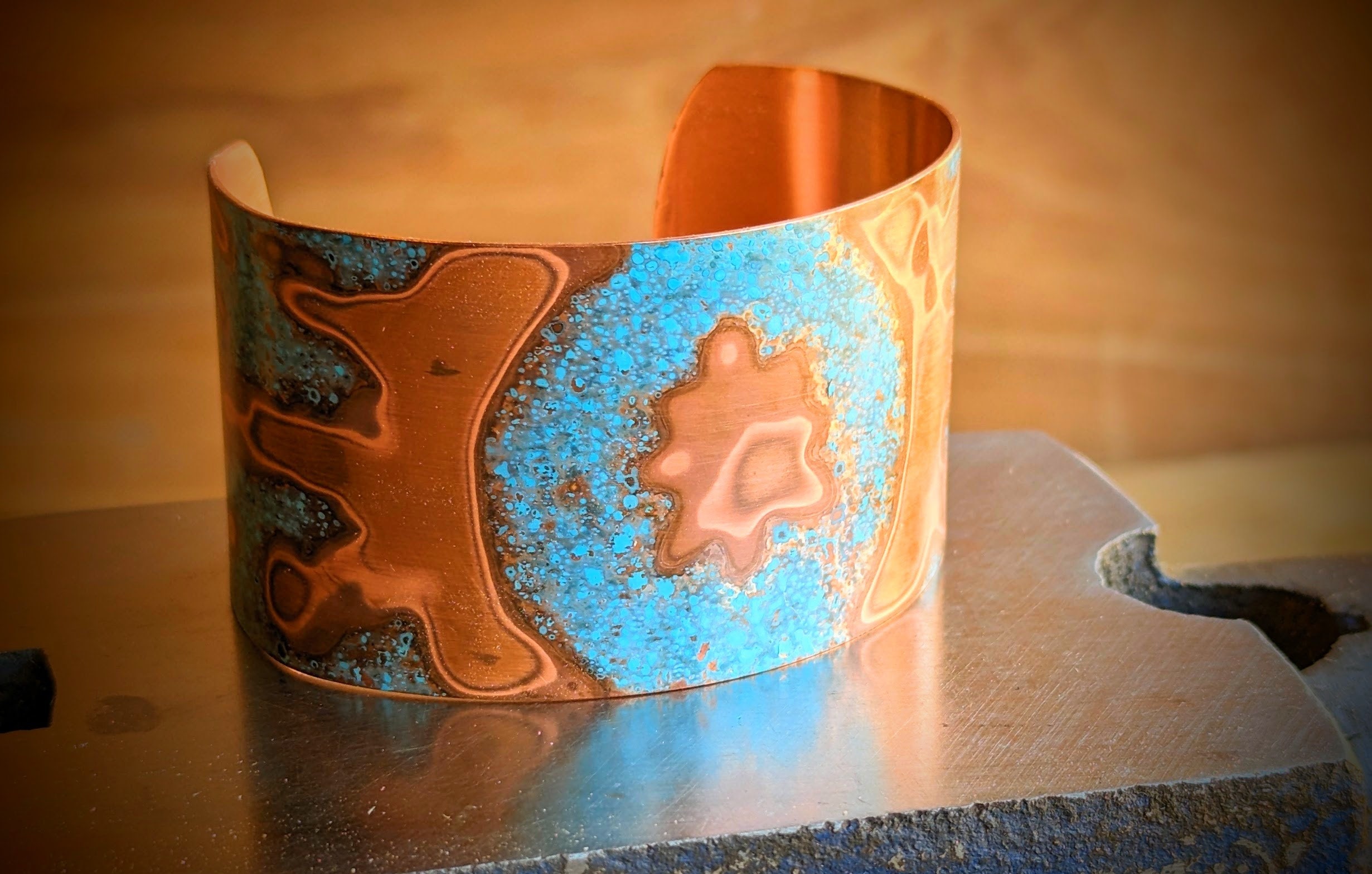 Ice Blue Patina Copper Cuff: Sunburst Design, Handmade - Etsy display picture 3
