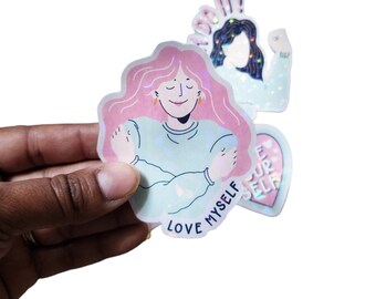 May include: Three iridescent stickers featuring illustrations of women with the text "Do It!" "Love Yourself" and "Love Your Self".