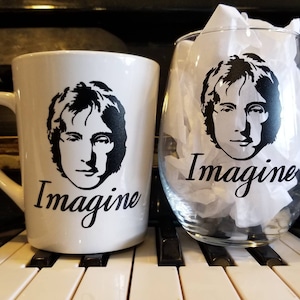 John Lennon Imagine drinkware, Imagine glass, imagine mug, Beatles glass
