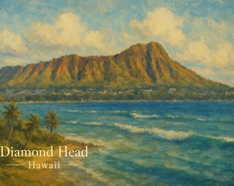 ハワイの夕日の油絵、ホノルルビーチの壁画、ダイヤモンドヘッドの風景