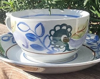 Arabia Sinilehti Large Tea Cup and Saucer, Designed by Esteri 