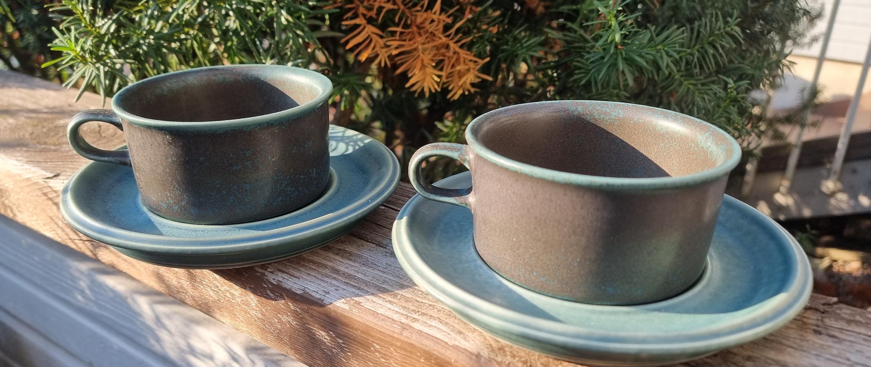 Arabia Ruska Tea Cup & Saucer, Blue-green Stoneware, Ulla Procopé