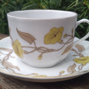 Puede incluir: Un juego de taza y platillo de té blanco con un diseño floral. La taza y el platillo presentan un delicado patrón de flores amarillas y enredaderas marrones.