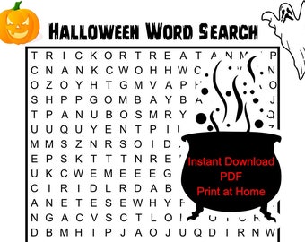 Op de afbeelding: Een zwart-witte Halloween-woordzoeker met een ketel, een spook en vleermuizen. De puzzel bevat woorden als "Trick or Treat", "Vampire", "Zombie", "Witch", "Skeleton", "Spooky", "Ghost", "Monster", "October", "Pumpkin", "Scarecrow", "Hayride", "Haunted House", "Halloween", "Ghoul", "Broomstick", "Candy", "Cauldron", "Costume", "Devil", "Boo", en "Bat".