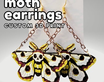 Moth Earrings, Skull Moth, Cool Earrings Dangle, Custom Earrings, Unique Jewelry, Custom 3D Print