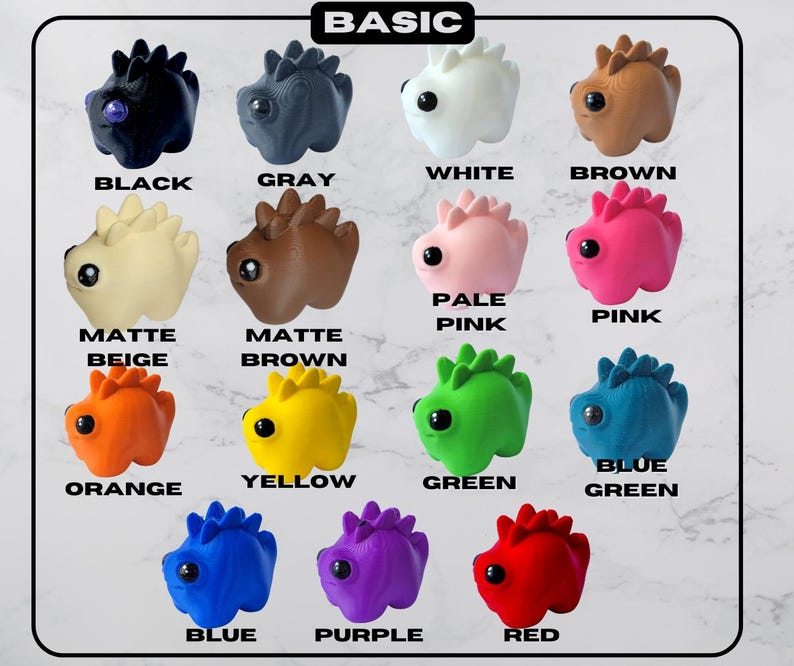 May include: A collection of twelve small, dinosaur-shaped figurines in various colors, including black, gray, white, brown, pale pink, pink, orange, yellow, green, blue, purple, and red. Each figurine has a textured back and a single, round eye. The word "BASIC" is at the top.