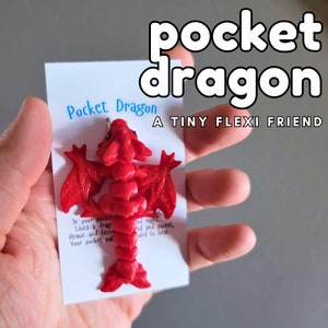 May include: A red, articulated dragon figurine labeled "Pocket Dragon" and "A Tiny Flexi Friend." The dragon is held in front of a white card with additional text. The dragon has outstretched wings and a detailed body.