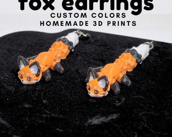 3D Printed Fox Dangle Earrings, Animal Jewelry, Custom Colors
