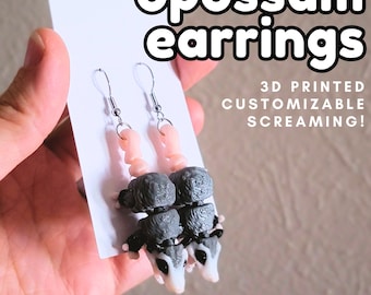 3D Print Opossum Dangle Earrings, Animal Jewelry