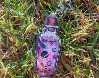 Watercolour Galaxy bottle silver star-clasp keychain