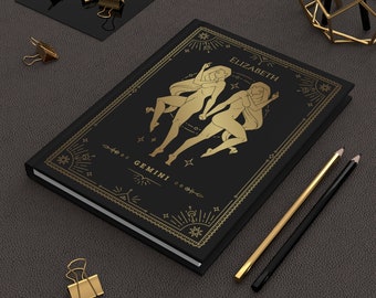 Custom Gemini Journal for Men and Women | Personalized Gemini Zodiac Gifts | Gold & Black Zodiac Gemini Notebook