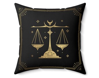 Libra Pillow Cover Black & Gold | Custom Libra Astrology Gift | October Zodiac Sign Pillowcase